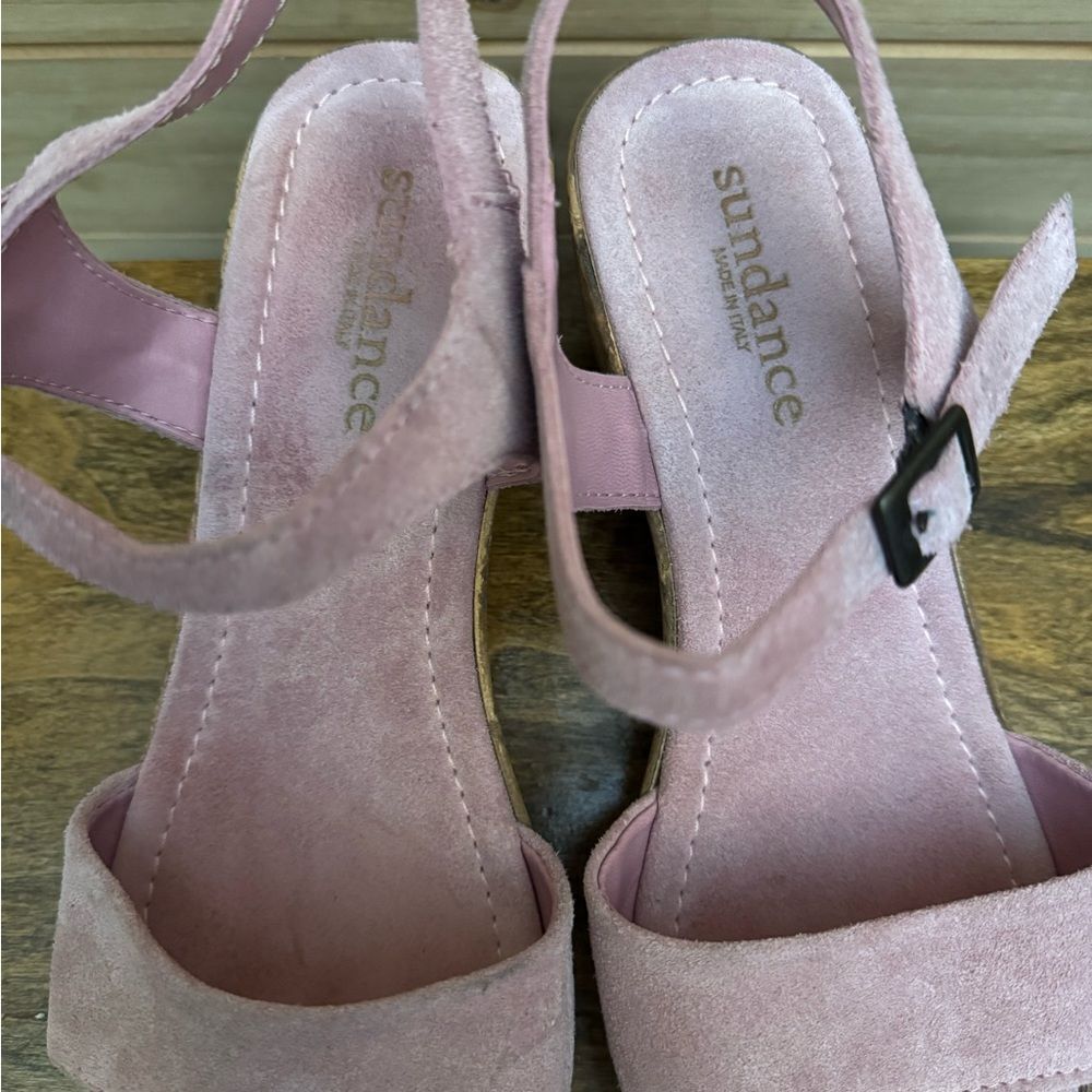 Sundance Size 40 (9) Pink Leather Suede Cork Wedge Platform Sandal Shoes - Picture 5 of 7